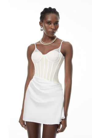 Aurohaya Eufrosina White Bodycon Mini Dress with Lace Panels