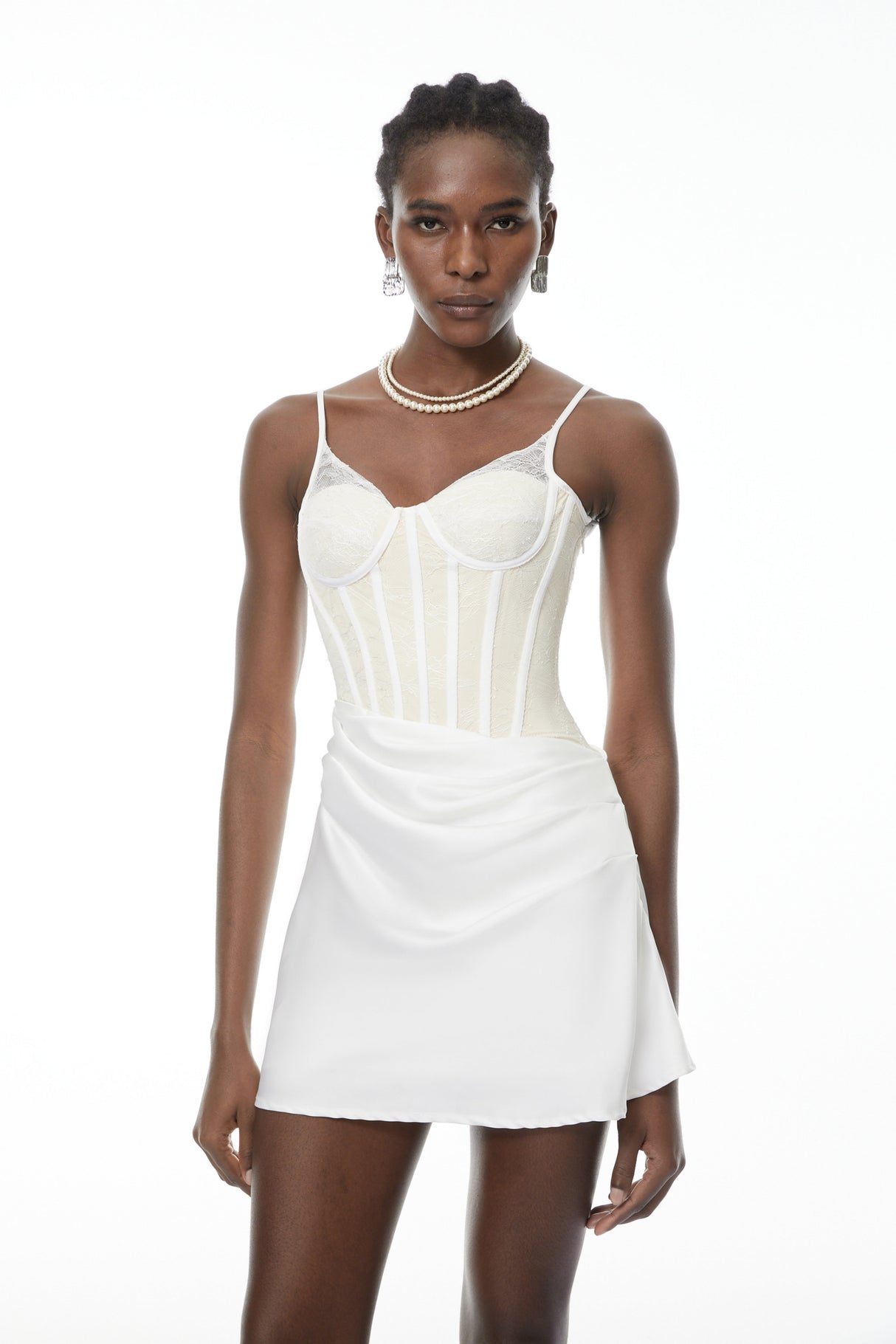 Aurohaya Eufrosina White Bodycon Mini Dress with Lace Panels