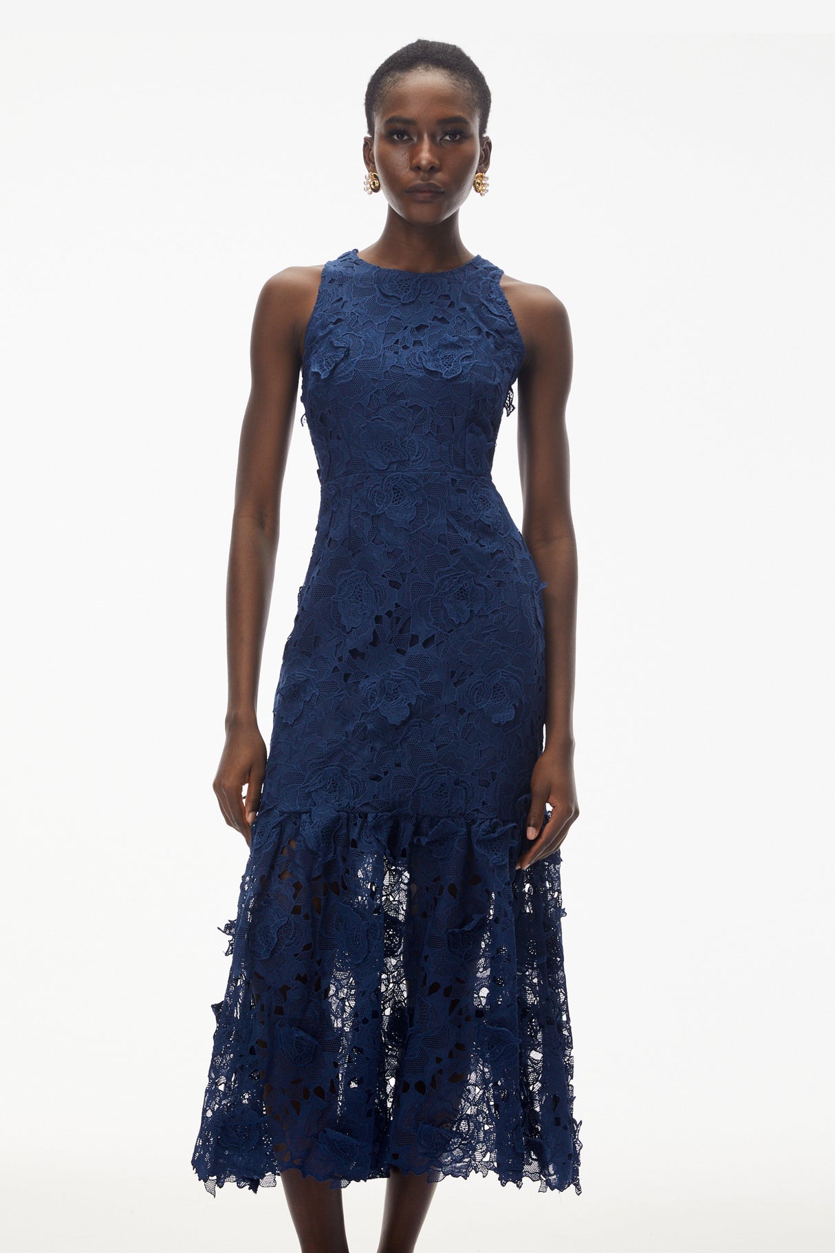 Aurohaya Briseis Blue Midi Dress with 3D Florals