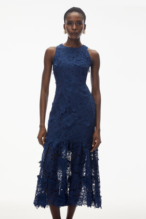 Aurohaya Briseis Blue Midi Dress with 3D Florals
