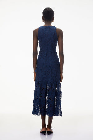 Aurohaya Briseis Blue Midi Dress with 3D Florals