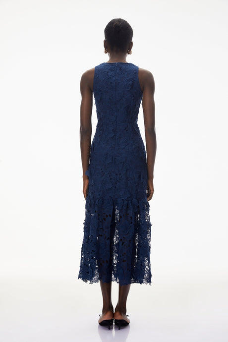 Aurohaya Briseis Blue Midi Dress with 3D Florals