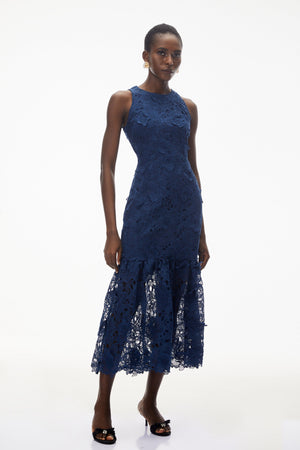 Aurohaya Briseis Blue Midi Dress with 3D Florals