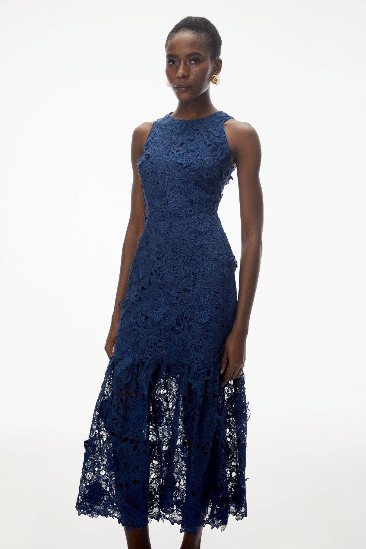 Aurohaya Briseis Blue Midi Dress with 3D Florals