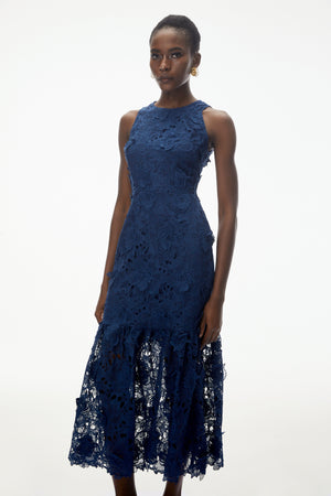 Aurohaya Briseis Blue Midi Dress with 3D Florals