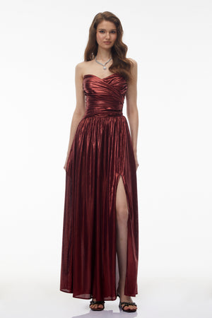 Aurohaya Eurydice Red Off Shoulder Ruched High Slit Maxi Dress