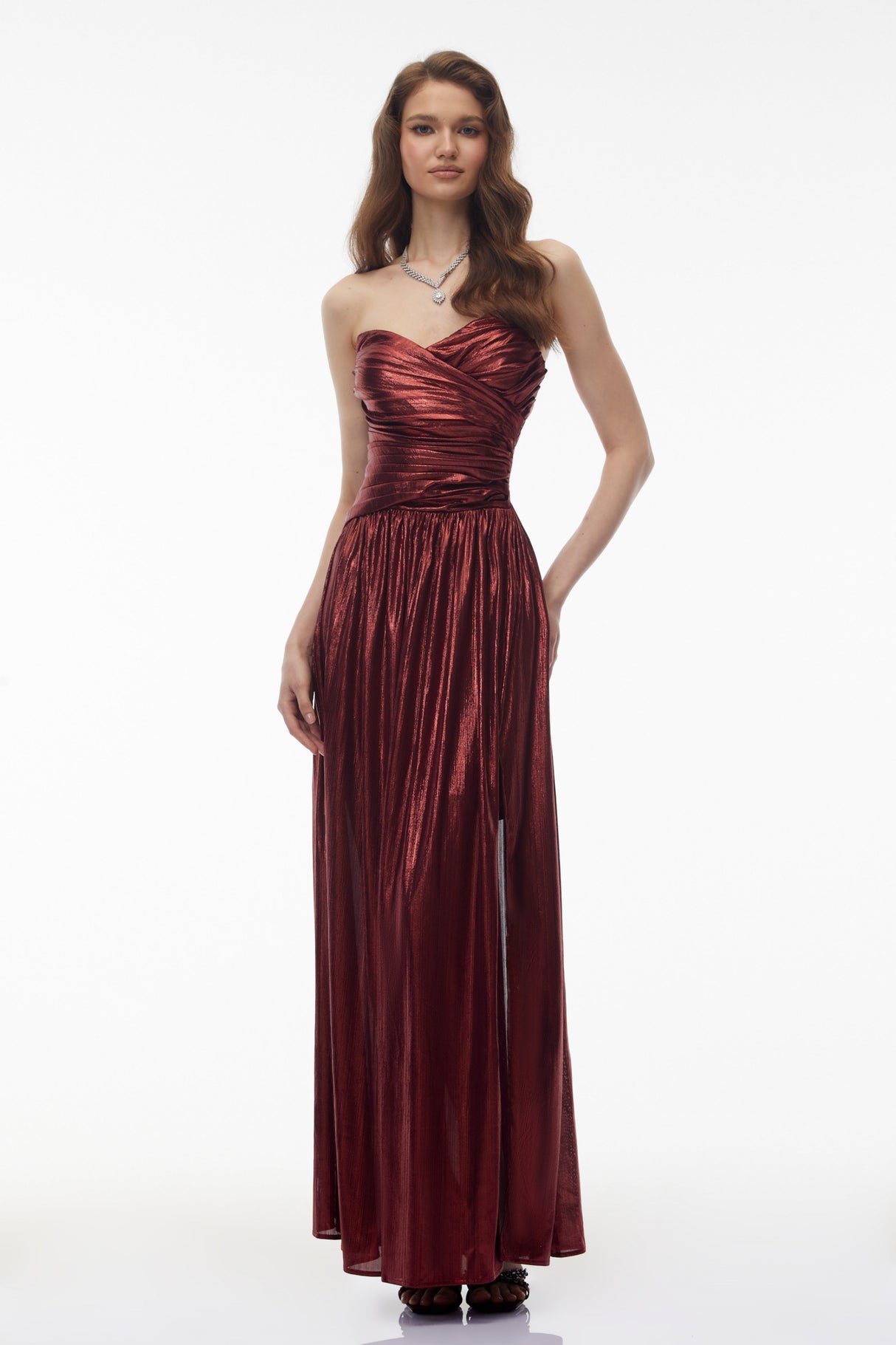 Aurohaya Eurydice Red Off Shoulder Ruched High Slit Maxi Dress