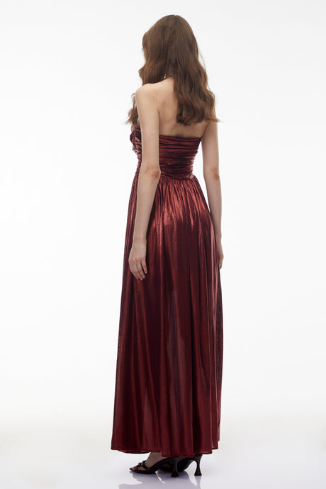 Aurohaya Eurydice Red Off Shoulder Ruched High Slit Maxi Dress
