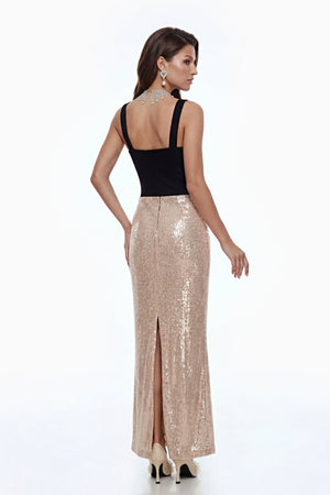 Aurohaya Evalyn Champagne Sequin Maxi Dress with Slit