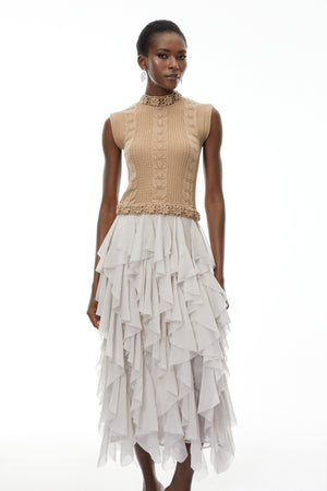 Aurohaya Evangeline Khaki Asymmetrical Ruffled Maxi Dress