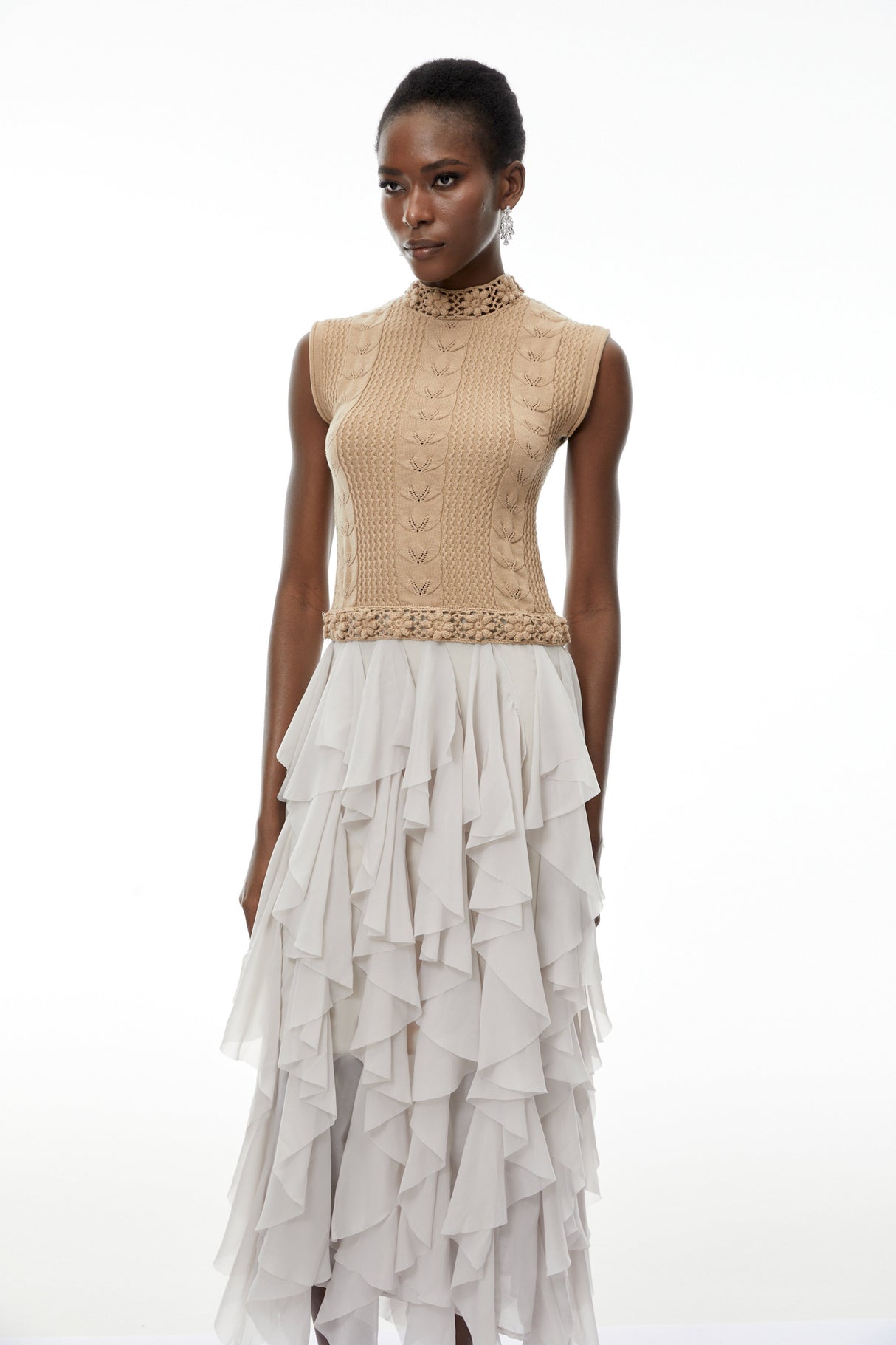 Aurohaya Evangeline Khaki Asymmetrical Ruffled Maxi Dress