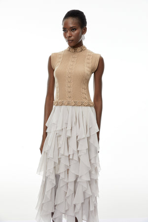 Aurohaya Evangeline Khaki Asymmetrical Ruffled Maxi Dress