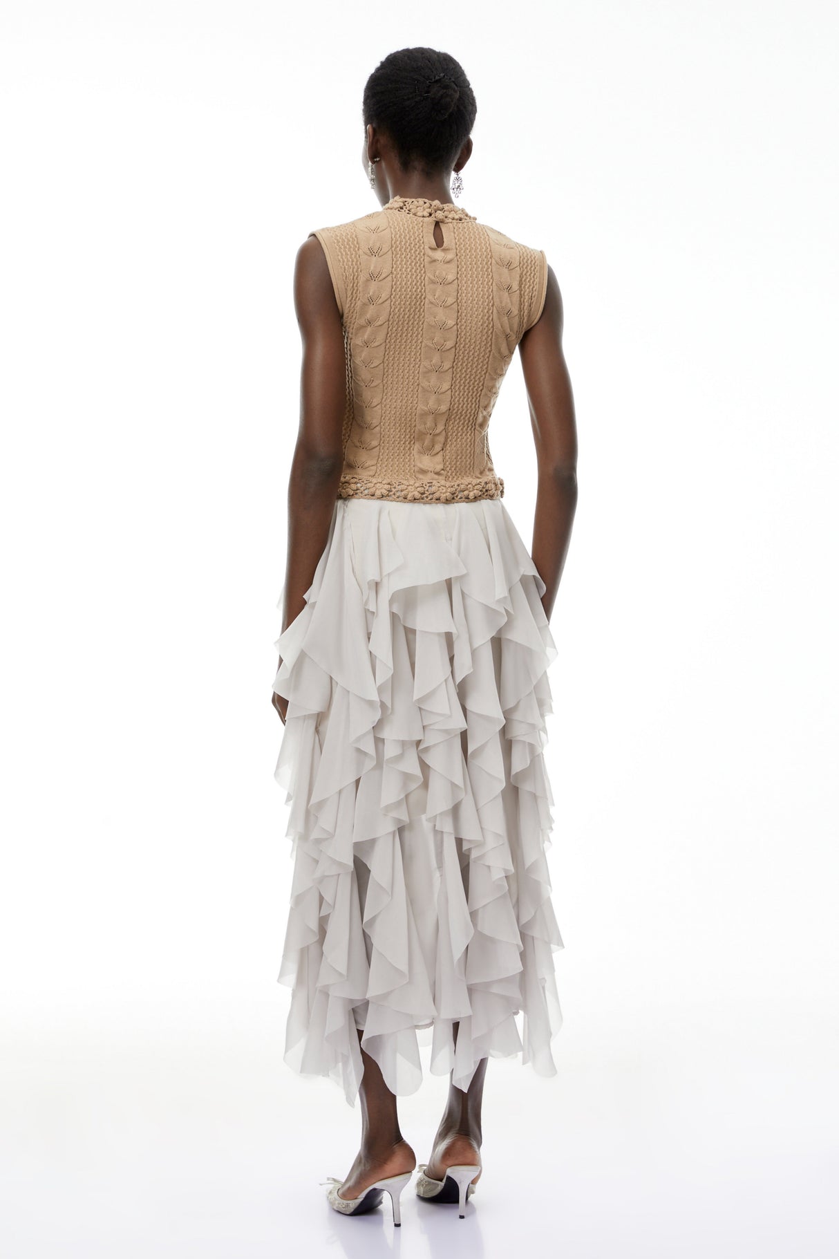 Aurohaya Evangeline Khaki Asymmetrical Ruffled Maxi Dress