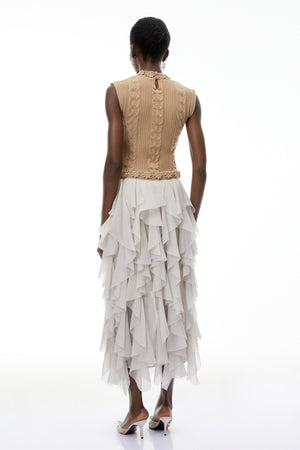 Aurohaya Evangeline Khaki Asymmetrical Ruffled Maxi Dress