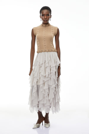 Aurohaya Evangeline Khaki Asymmetrical Ruffled Maxi Dress