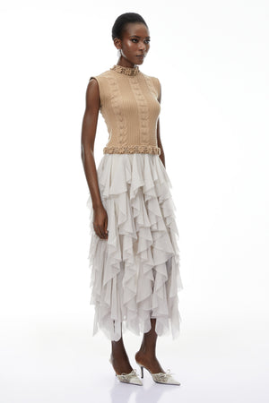Aurohaya Evangeline Khaki Asymmetrical Ruffled Maxi Dress