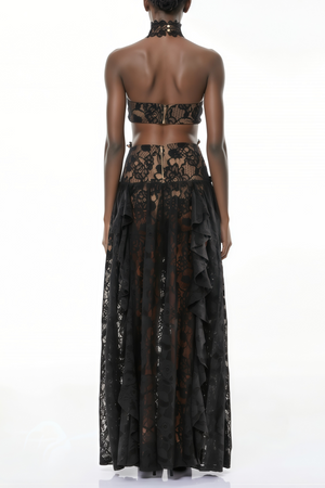 Aurohaya Evelyn Black Halterneck Lace Maxi Dress