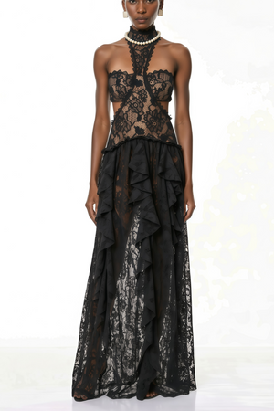 Aurohaya Evelyn Black Halterneck Lace Maxi Dress