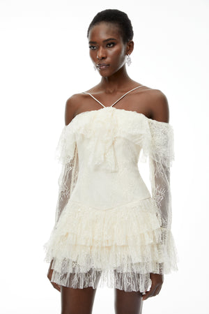 Aurohaya Evelyn Neutral Off Shoulder Tiered Mini Dress