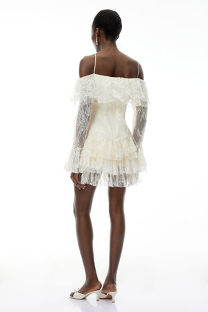 Aurohaya Evelyn Neutral Off Shoulder Tiered Mini Dress