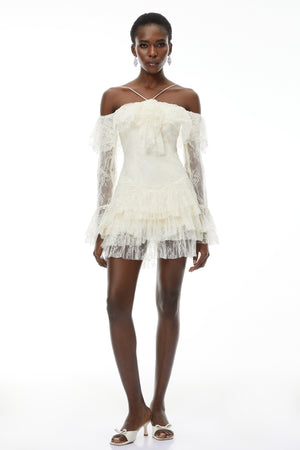 Aurohaya Evelyn Neutral Off Shoulder Tiered Mini Dress