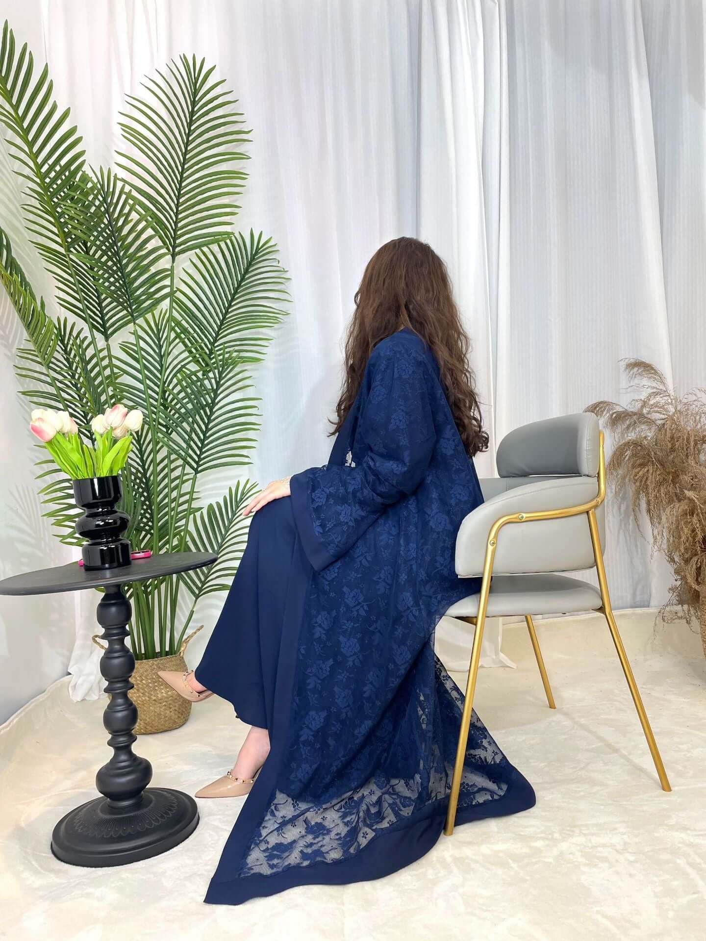 Luxury Rose Lace Abaya 3-Piece Set with Zipper & Flared Cuffs