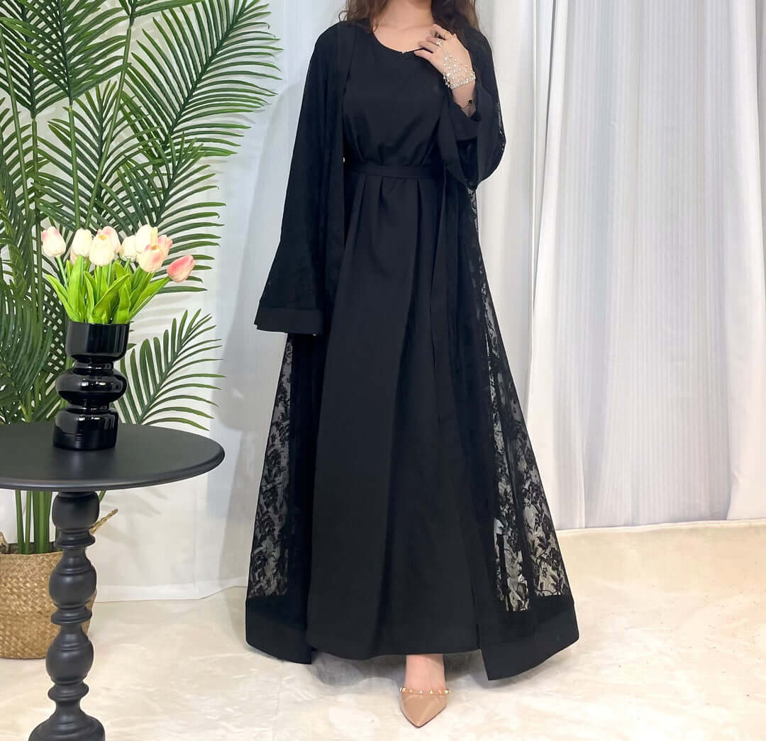 Luxury Rose Lace Abaya 3-Piece Set with Zipper & Flared Cuffs
