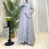 Luxury Rose Lace Abaya 3-Piece Set with Zipper & Flared Cuffs