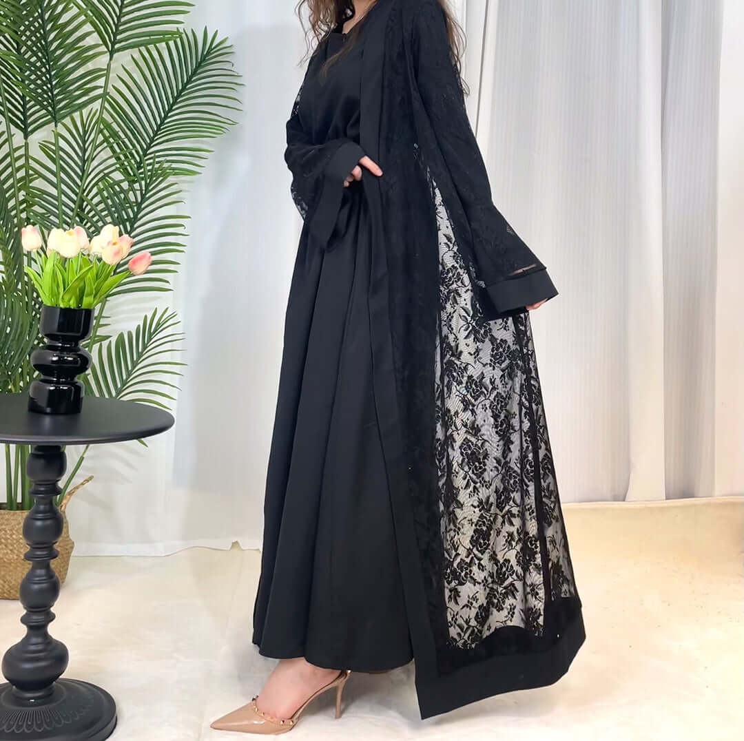 Luxury Rose Lace Abaya 3-Piece Set with Zipper & Flared Cuffs