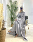 Luxury Rose Lace Abaya 3-Piece Set with Zipper & Flared Cuffs