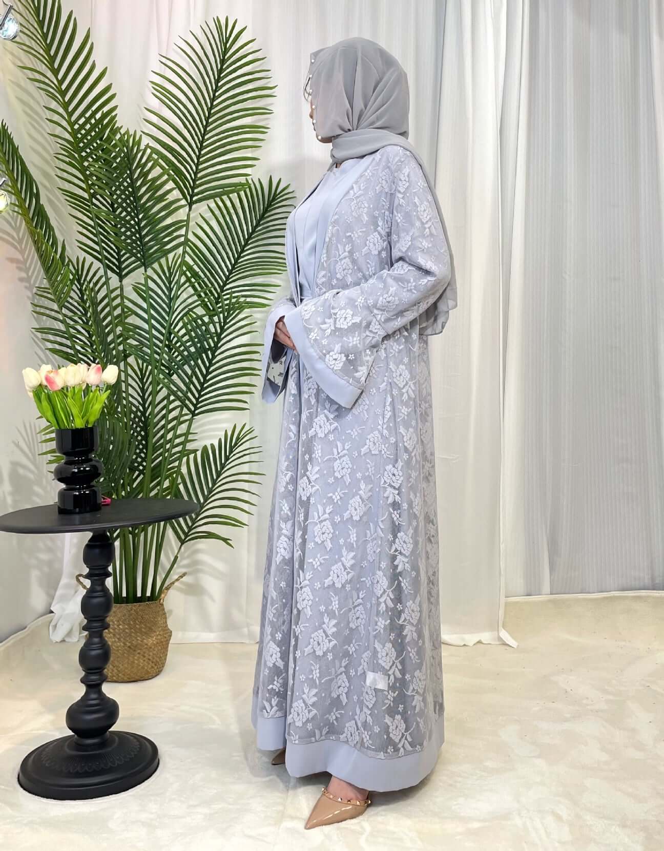 Luxury Rose Lace Abaya 3-Piece Set with Zipper & Flared Cuffs