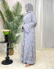 Luxury Rose Lace Abaya 3-Piece Set with Zipper & Flared Cuffs