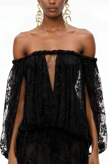 Aurohaya Fabienne Black Floral Appliqué Maxi Dress