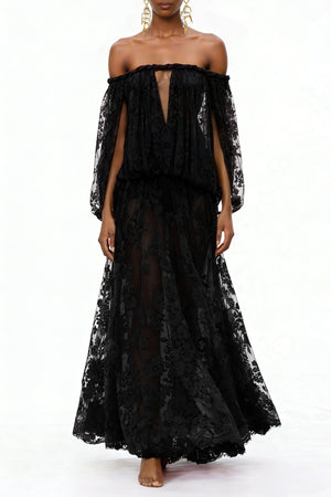 Aurohaya Fabienne Black Floral Appliqué Maxi Dress