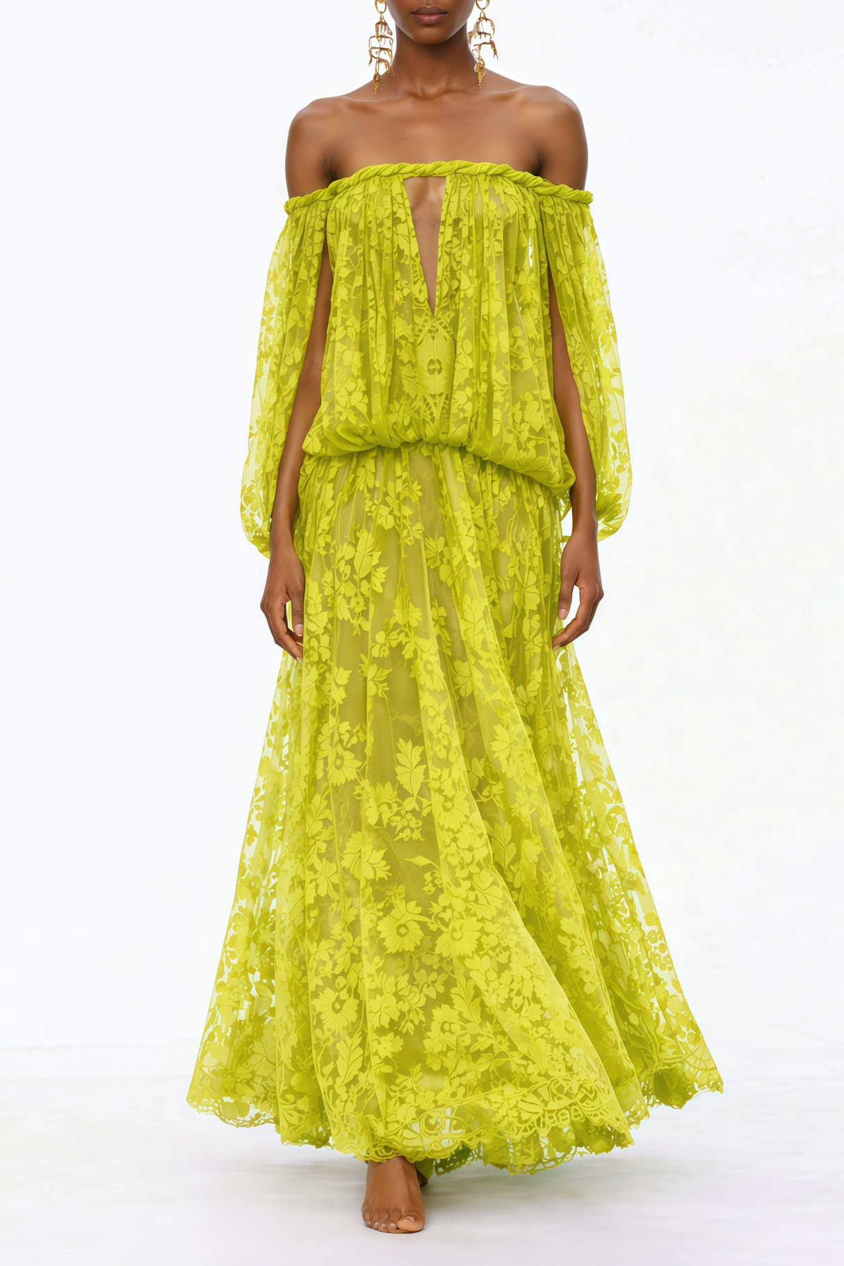 Aurohaya Fabienne Green Floral Appliqué Maxi Dress