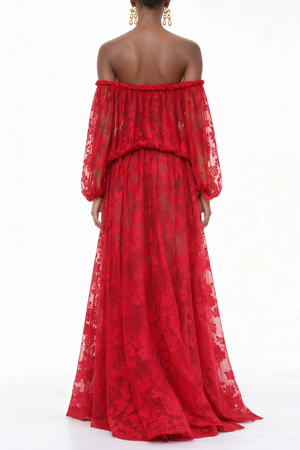 Aurohaya Fabienne Red Floral Appliqué Maxi Dress