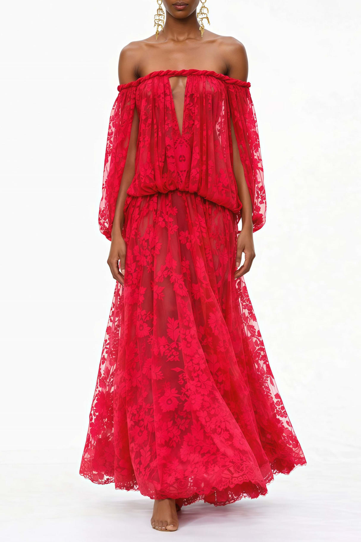 Aurohaya Fabienne Red Floral Appliqué Maxi Dress