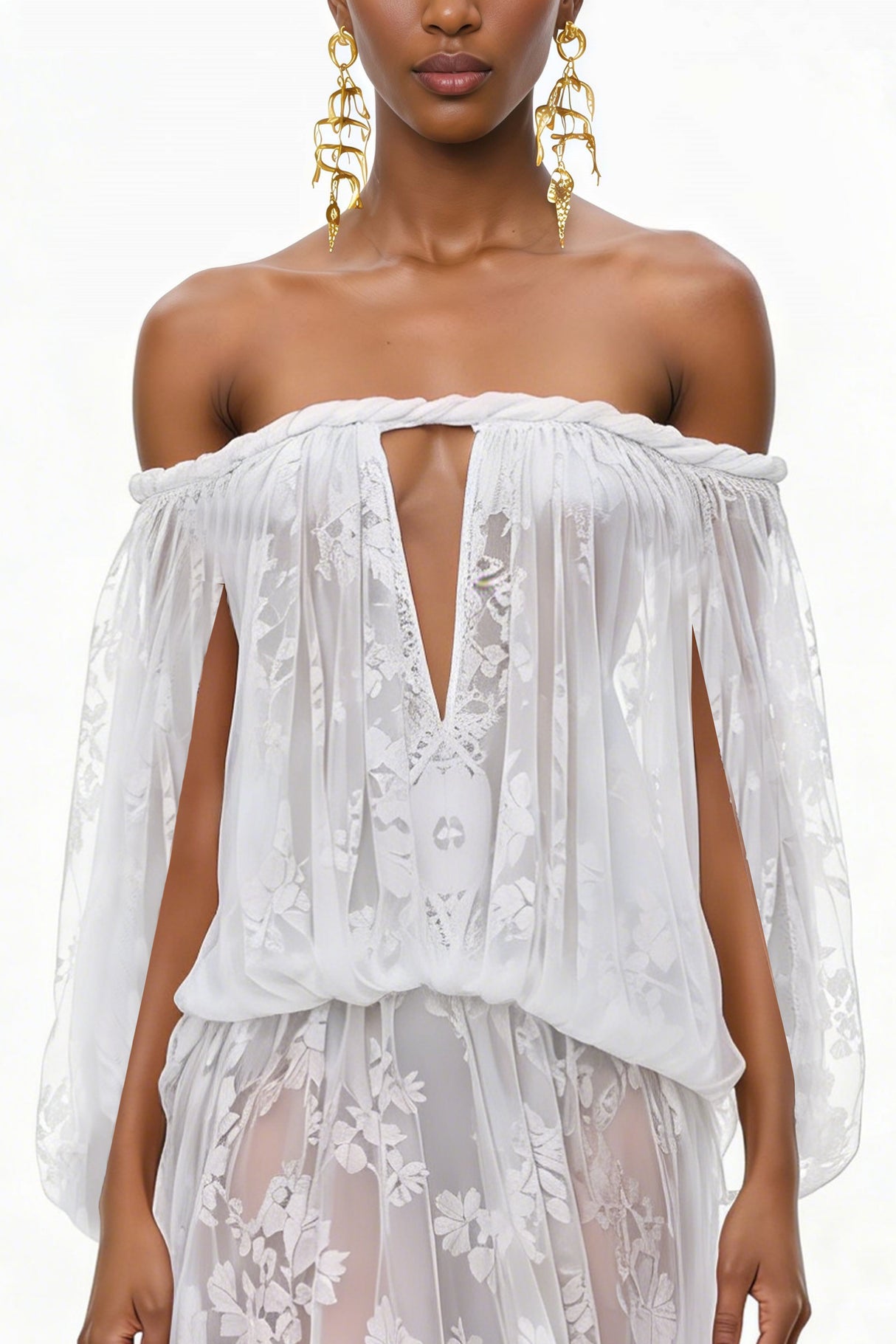Aurohaya Fabienne White Floral Appliqué Maxi Dress