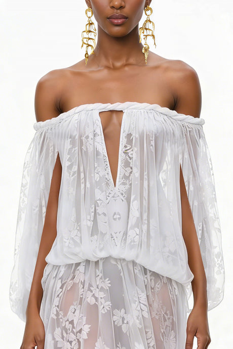 Aurohaya Fabienne White Floral Appliqué Maxi Dress