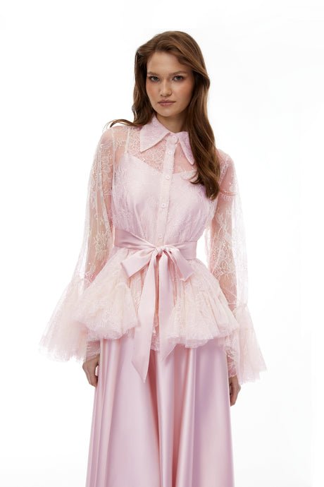 Aurohaya Fadila Pink Semi-Sheer Blouse & Dress Set