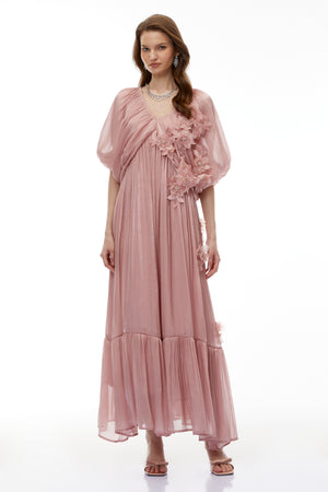 Aurohaya Faina Pink Ruched Maxi Dress with 3D Florals