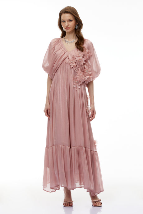 Aurohaya Faina Pink Ruched Maxi Dress with 3D Florals