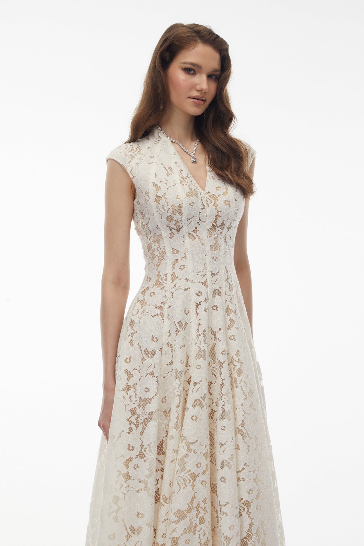Aurohaya Fariba White V-Neck Floral Lace Maxi Dress