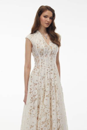Aurohaya Fariba White V-Neck Floral Lace Maxi Dress