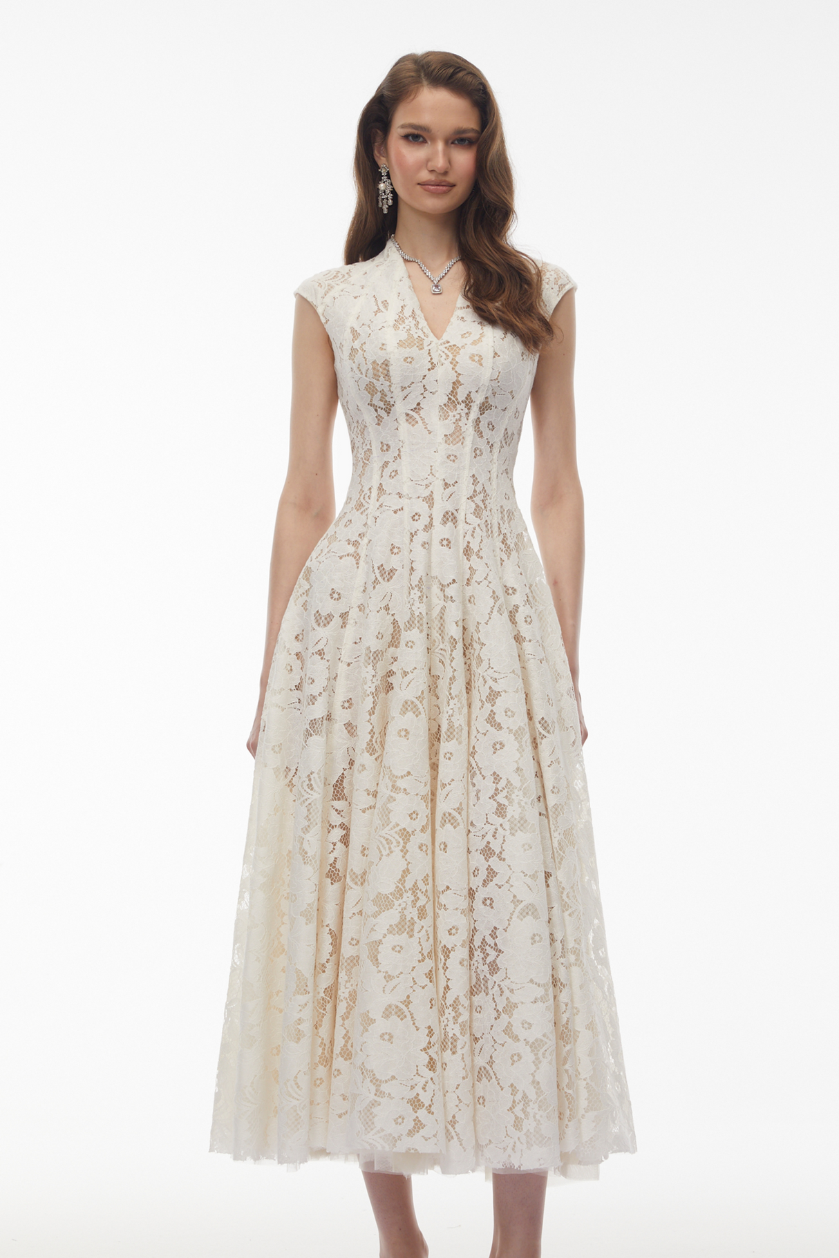 Aurohaya Fariba White V-Neck Floral Lace Maxi Dress