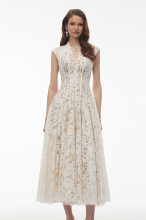 Aurohaya Fariba White V-Neck Floral Lace Maxi Dress