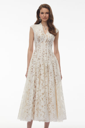 Aurohaya Fariba White V-Neck Floral Lace Maxi Dress