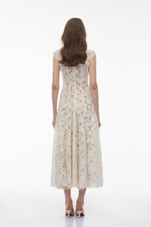 Aurohaya Fariba White V-Neck Floral Lace Maxi Dress