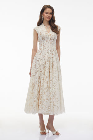 Aurohaya Fariba White V-Neck Floral Lace Maxi Dress