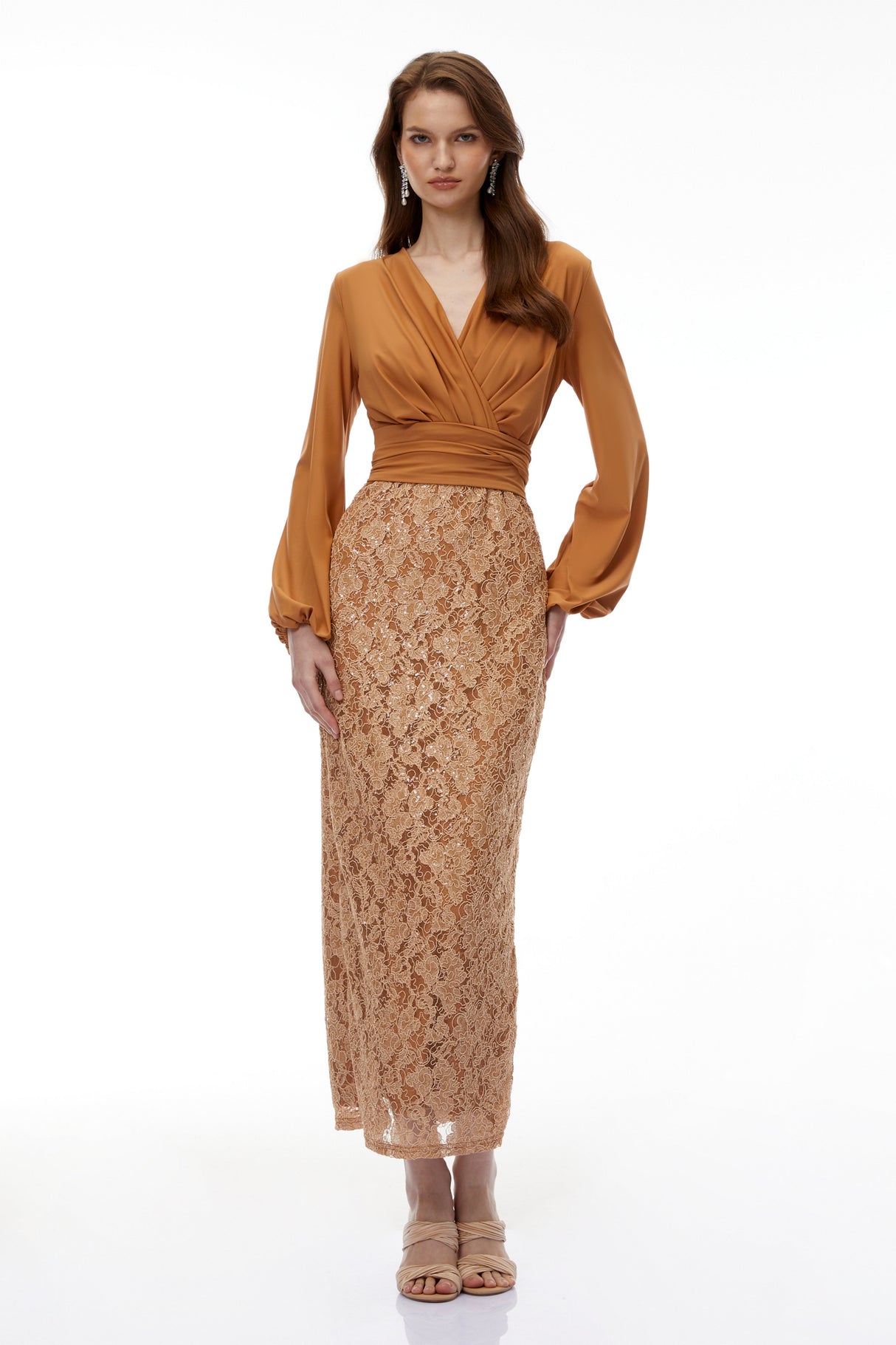 Aurohaya Fauna Brown Plunge Neck Lace Maxi Dress